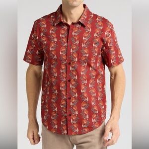 Billabong maroon dark red floral print cotton button down short sleeved shirt S